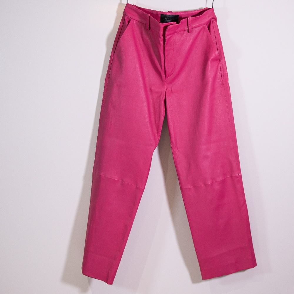 NEW SPRWMN Cropped Baggy Low Rise Trousers Genuine Leather Pants Hot Pink Small